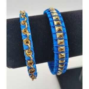 Blue Gold Tone Chain Stud Friendship Bracelets Boho Punk Stack Set of 2